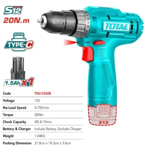 Total TDLI12428 12V Lithium-Ion Cordless Drill – Compact, Powerful & USB-C Rechargeable - Total TDLI12428 12V কর্ডলেস ড্রিল মেশিন – কমপ্যাক্ট, শক্তিশালী ও ইউএসবি-সি চার্জিং সুবিধাসম্পন্ন।