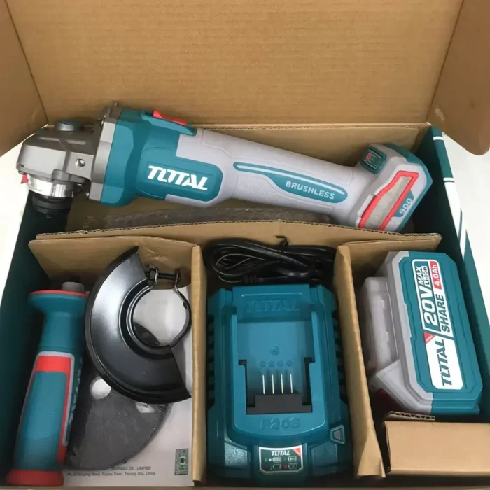 TOTAL TAGLI261021 Cordless Angle Grinder – 20V, Brushless, 900W Equivalent, 100mm Disc (1)