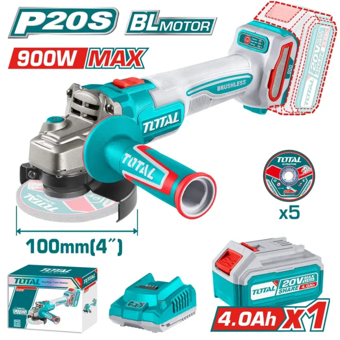 TOTAL TAGLI261021 Cordless Angle Grinder – 20V, Brushless, 900W Equivalent, 100mm Disc (2)