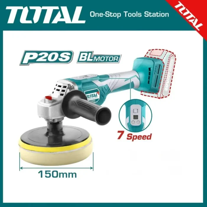 TOTAL TAPLI2001 20V Lithium-Ion Cordless Angle Polisher – Brushless, 150 mm Pad, Digital Speed C TOTAL TAPLI2001 20V Lithium-Ion Cordless Angle Polisher – Brushless, 150 mm Pad, Digital Speed C
