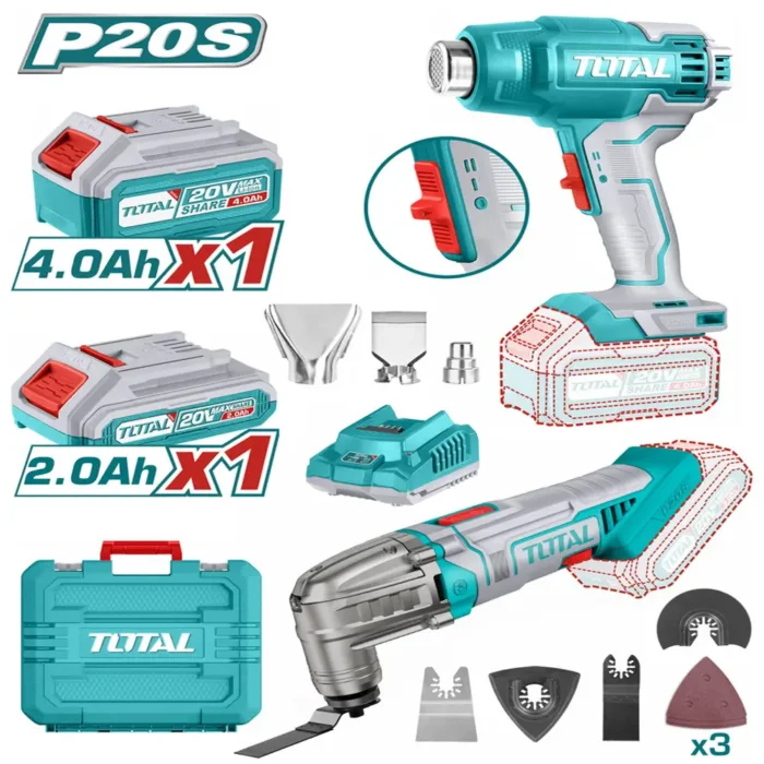 TOTAL TOSLI230705, Lithium-Ion Cordless Combo Kit, 20V Cordless Power Tools, Multi-Tool & Heat Gun Set, DIY