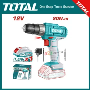 TOTAL TDLI1218 12V লি-আয়ন কর্ডলেস ড্রিল | 20Nm টর্ক, 0-750 RPM, 15+1 টর্ক সেটিংসসহ