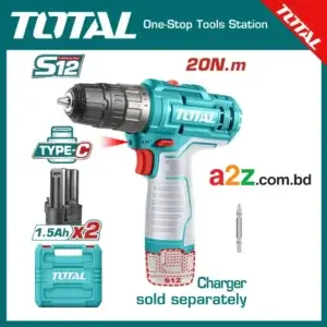 TOTAL TDLI12202 12V লিথিয়াম-আয়ন কর্ডলেস ড্রিল | ২০N·m টর্ক সহ ২টি ব্যাটারি ও টাইপ-C চার্জিং