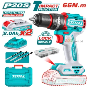 TOTAL TDLI20668 20V Compact Brushless Cordless Drill – 66Nm High Torque, Dual Speed, 47 Accessories, 2×2.0Ah Battery & Charger, Carrying Case