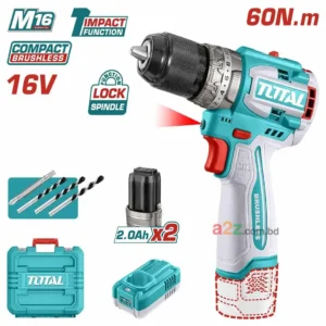 TOTAL TIDLI16682 Compact Brushless Cordless Impact Drill 16V – Powerful 60Nm Torque, 2-Speed, 13mm Metal Chuck