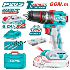 TOTAL TIDLI20668 20V Compact Brushless Cordless Impact Drill with 2 Batteries & 47 Accessories