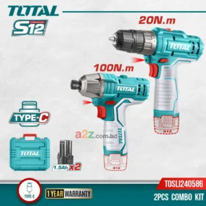 TOTAL TOSLI240205 12 V Li-Ion Cordless Combo Kit – Drill + Impact Driver (2 Pcs), 20 Nm Torque, 0-400/0-1500 RPM Drill + Max 100 Nm Impact