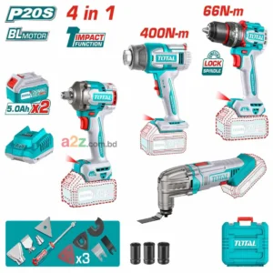 TOTAL TOSLI240969 20V Li-Ion 4-Piece Cordless Combo Kit | Brushless Impact Wrench 400Nm + Drill 66Nm + Multi-Tool + Heat Gun
