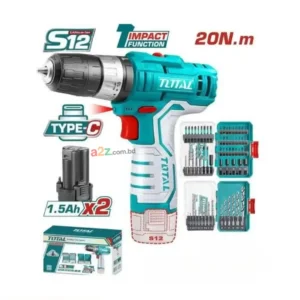 TOTAL TOSLI241197 12V Li-Ion Cordless Impact Drill | 25Nm Torque, 2-Speed, USB-C Fast Charging & LED Light