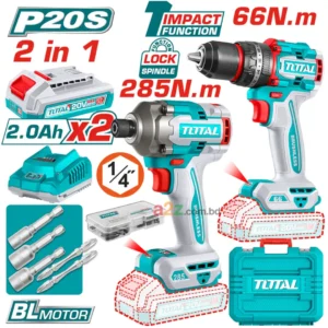 TOTAL TCKLI20277 20V Brushless Cordless Drill & Impact Driver Kit