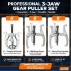 Wadfow Professional Heavy Duty Drop Forged Zinc Plated Three Jaws Bearing and Gear Puller Tool Series All Sizes
