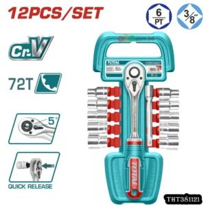 THT381121 12‑Pcs 3/8" Socket Set | Quick Release Ratchet Kit