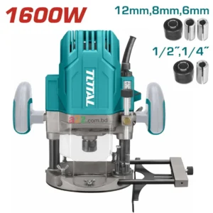TOTAL TR111216 1600W Electric Plunge Router with accessories and color box packaging
