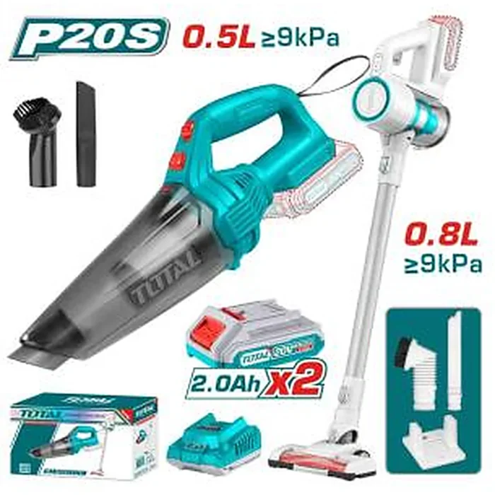 TOTAL Cordless Vacuum Cleaner Kit 20V - 0.8L, 120W with 2x2.0Ah Battery (TOSL... - TOSLI29832